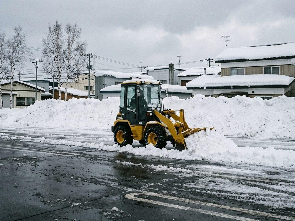 雪の積もった駐車場を小型のホイールローダーで除雪している様子